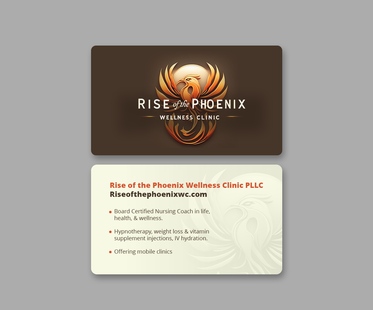 Design de Carte de Visite par Andrés Sebastián pour Rise of the Phoenix Wellness Clinic PLLC | Design #34367490