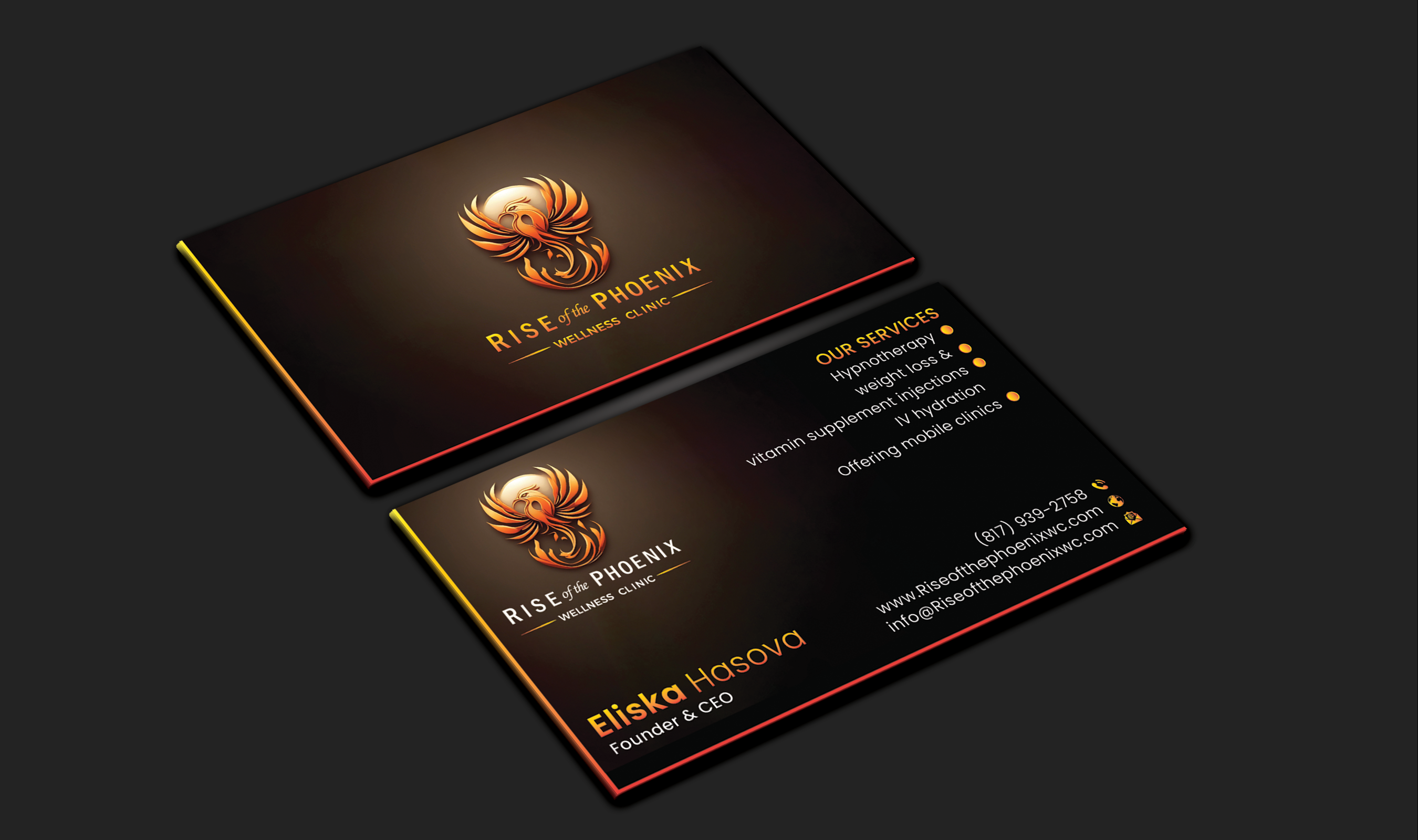Business Card Design by DesignerShahadat for Rise of the Phoenix Wellness Clinic PLLC | Design #34367996