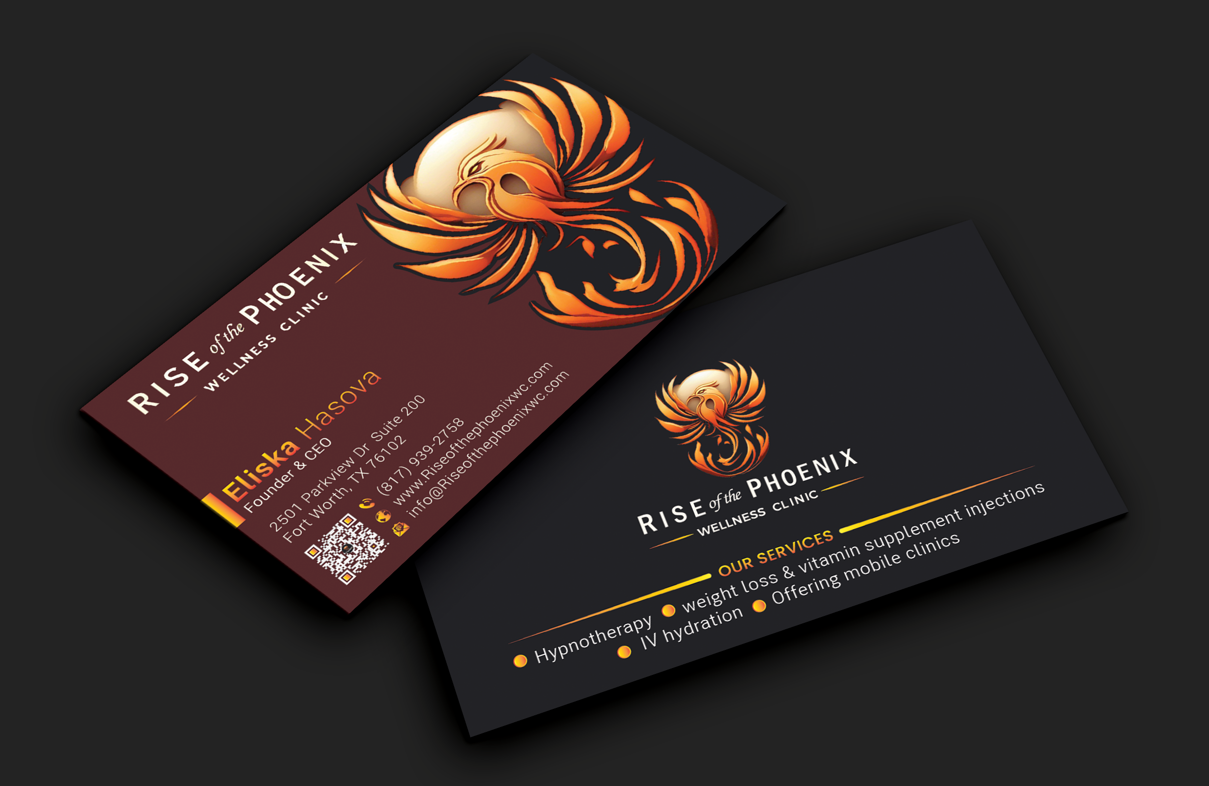 Business Card Design by DesignerShahadat for Rise of the Phoenix Wellness Clinic PLLC | Design #34369258