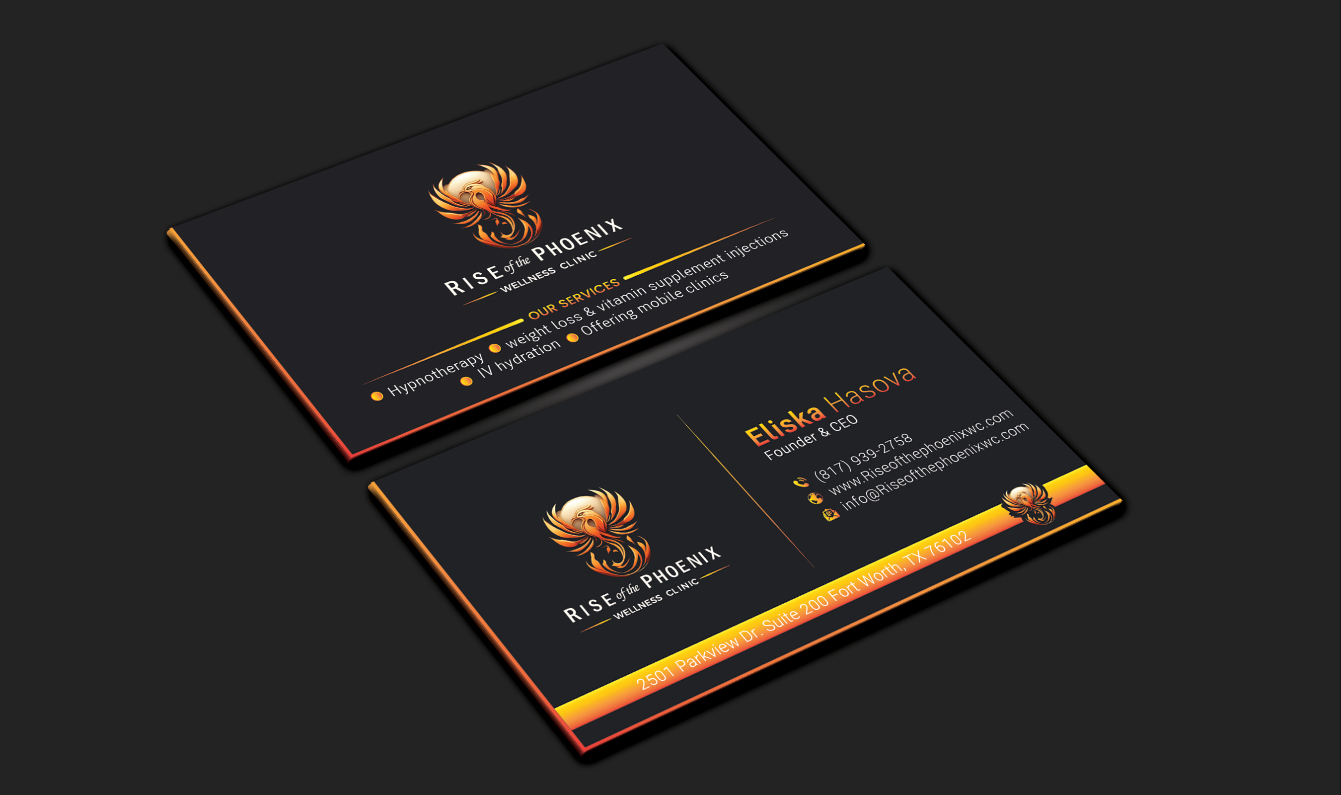 Visitenkarten-Design von DesignerShahadat für Rise of the Phoenix Wellness Clinic PLLC | Design #34369268