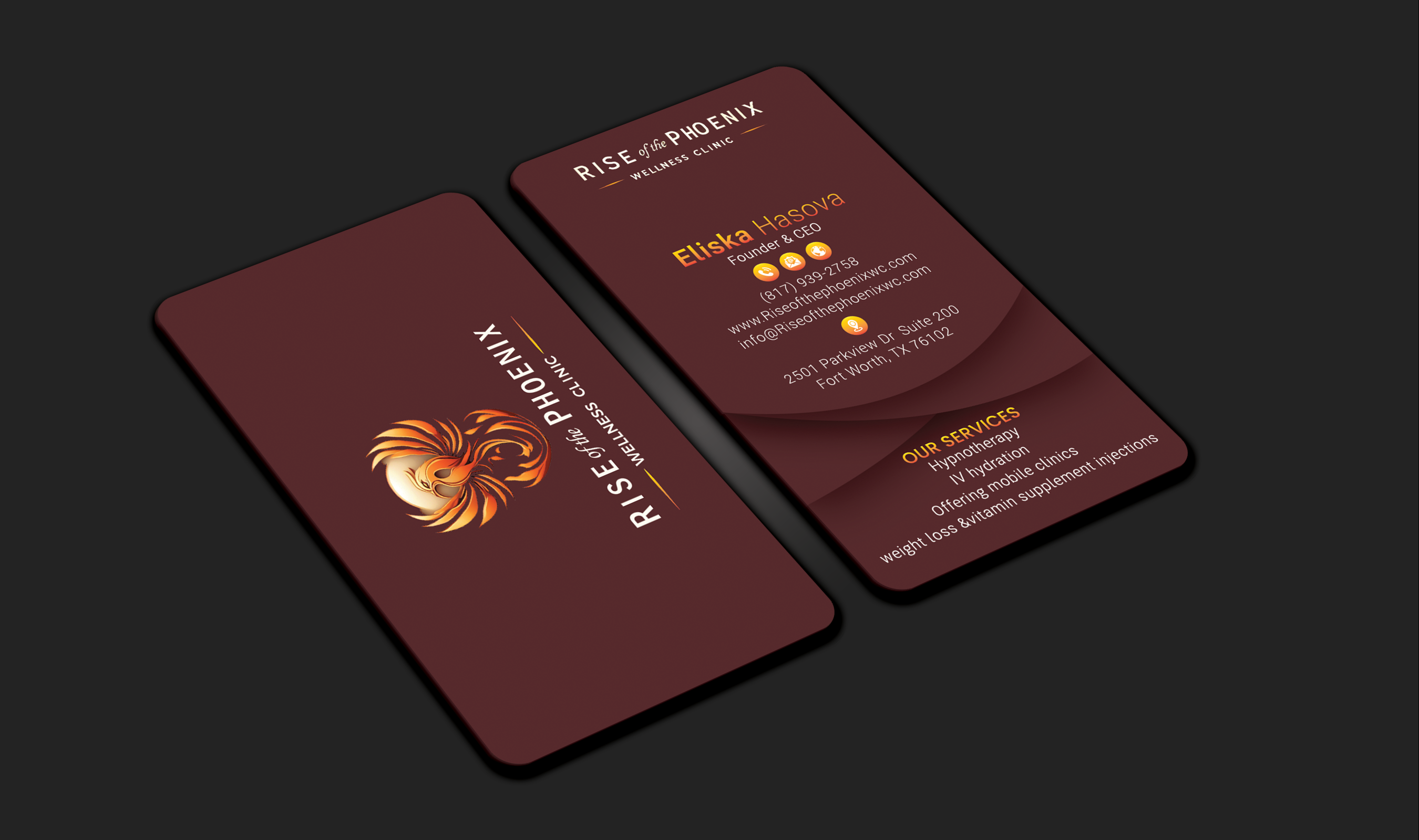 Business Card Design by DesignerShahadat for Rise of the Phoenix Wellness Clinic PLLC | Design #34369278