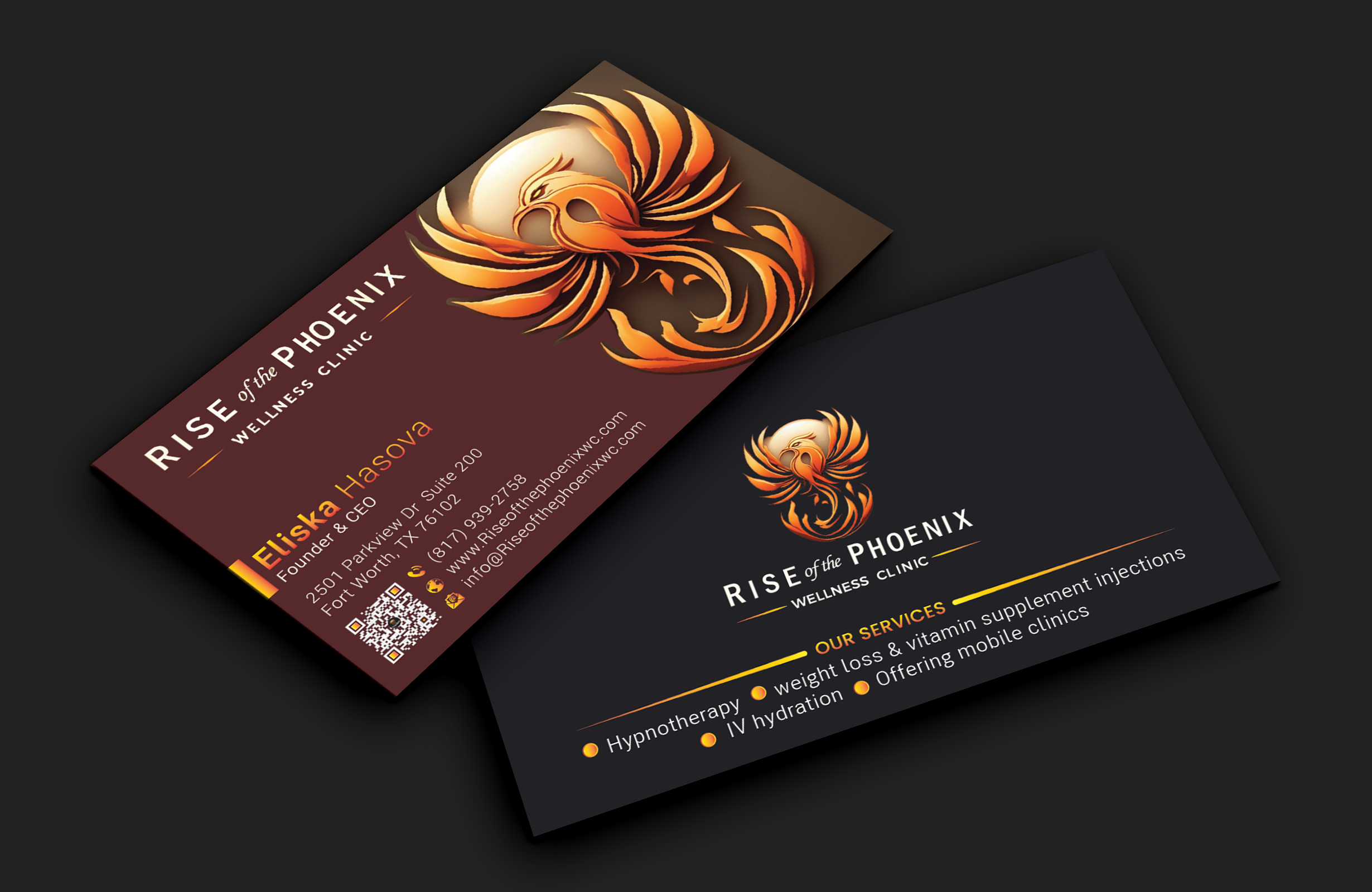 Diseño de Tarjeta de Presentación por DesignerShahadat para Rise of the Phoenix Wellness Clinic PLLC | Diseño #34369365