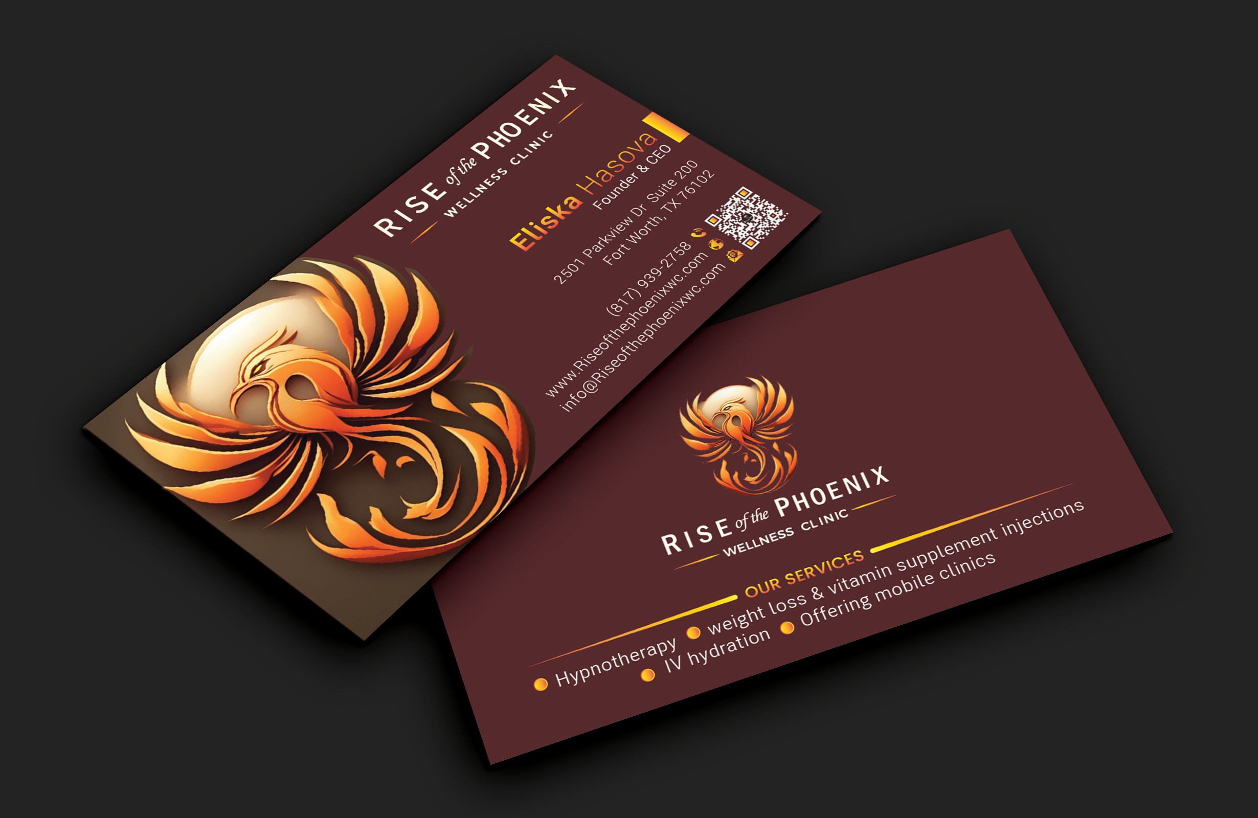 Business Card Design by DesignerShahadat for Rise of the Phoenix Wellness Clinic PLLC | Design #34369368