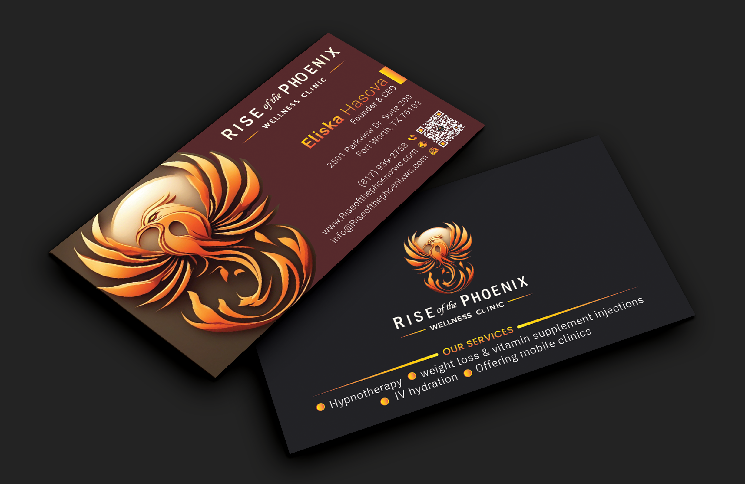 Diseño de Tarjeta de Presentación por DesignerShahadat para Rise of the Phoenix Wellness Clinic PLLC | Diseño #34369371