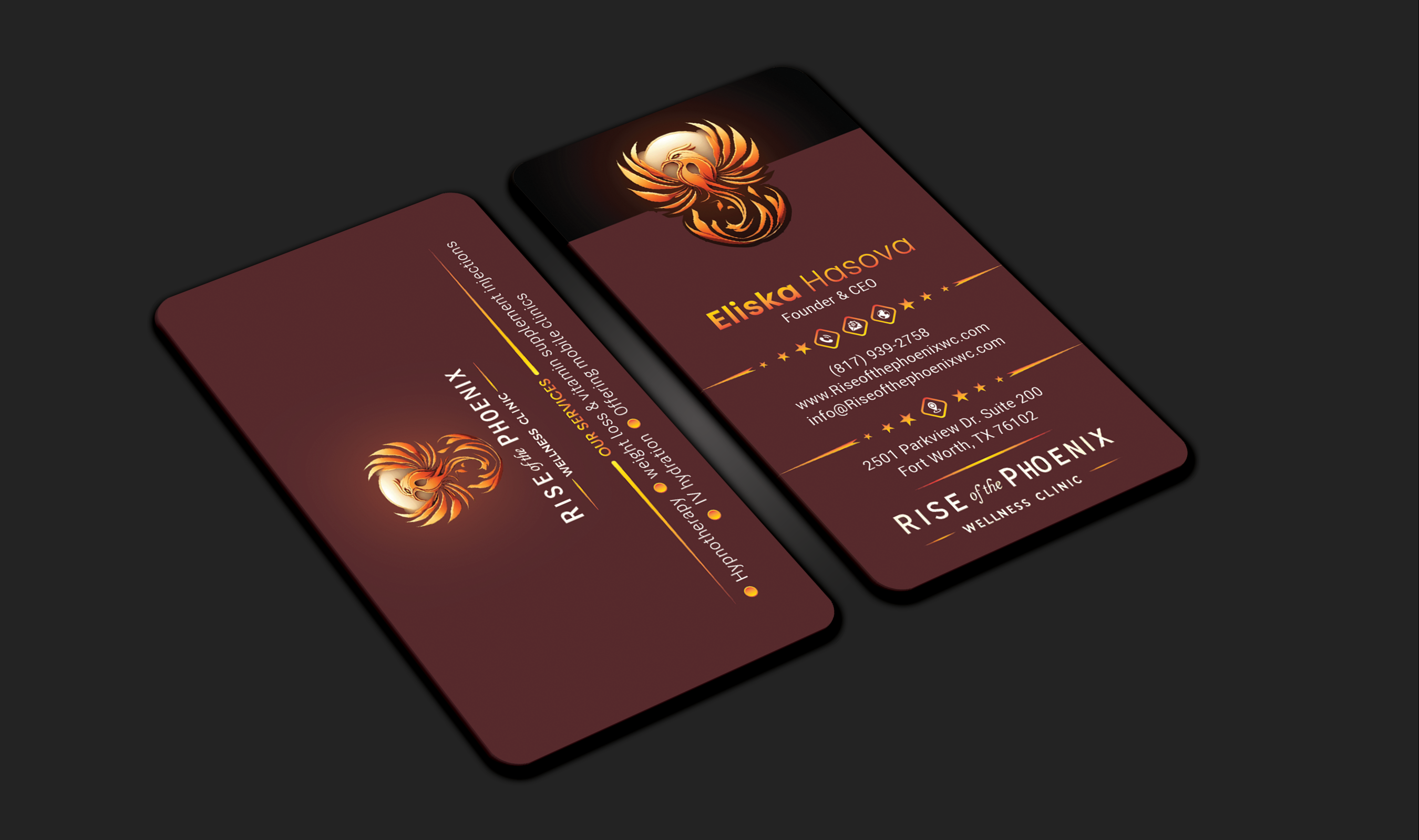 Business Card Design by DesignerShahadat for Rise of the Phoenix Wellness Clinic PLLC | Design #34373711