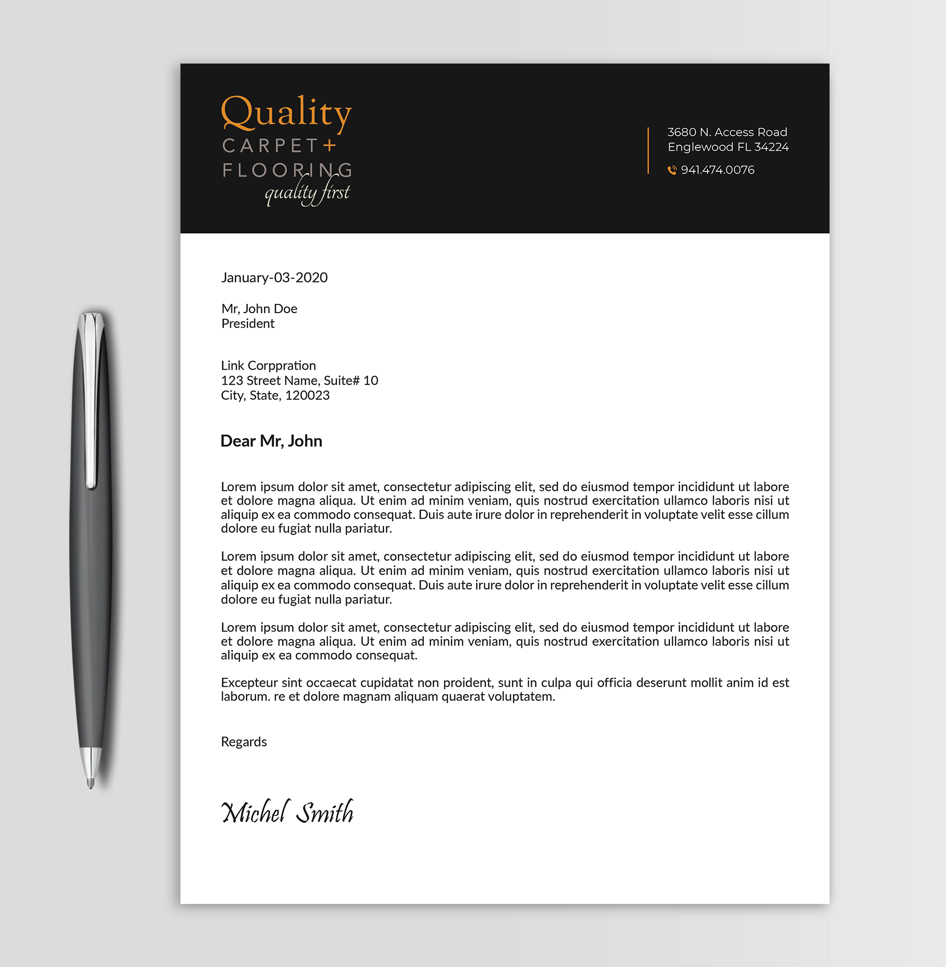 Letterhead Design by Expert Bappy for Quality Carpet + Flooring | Design #34467973