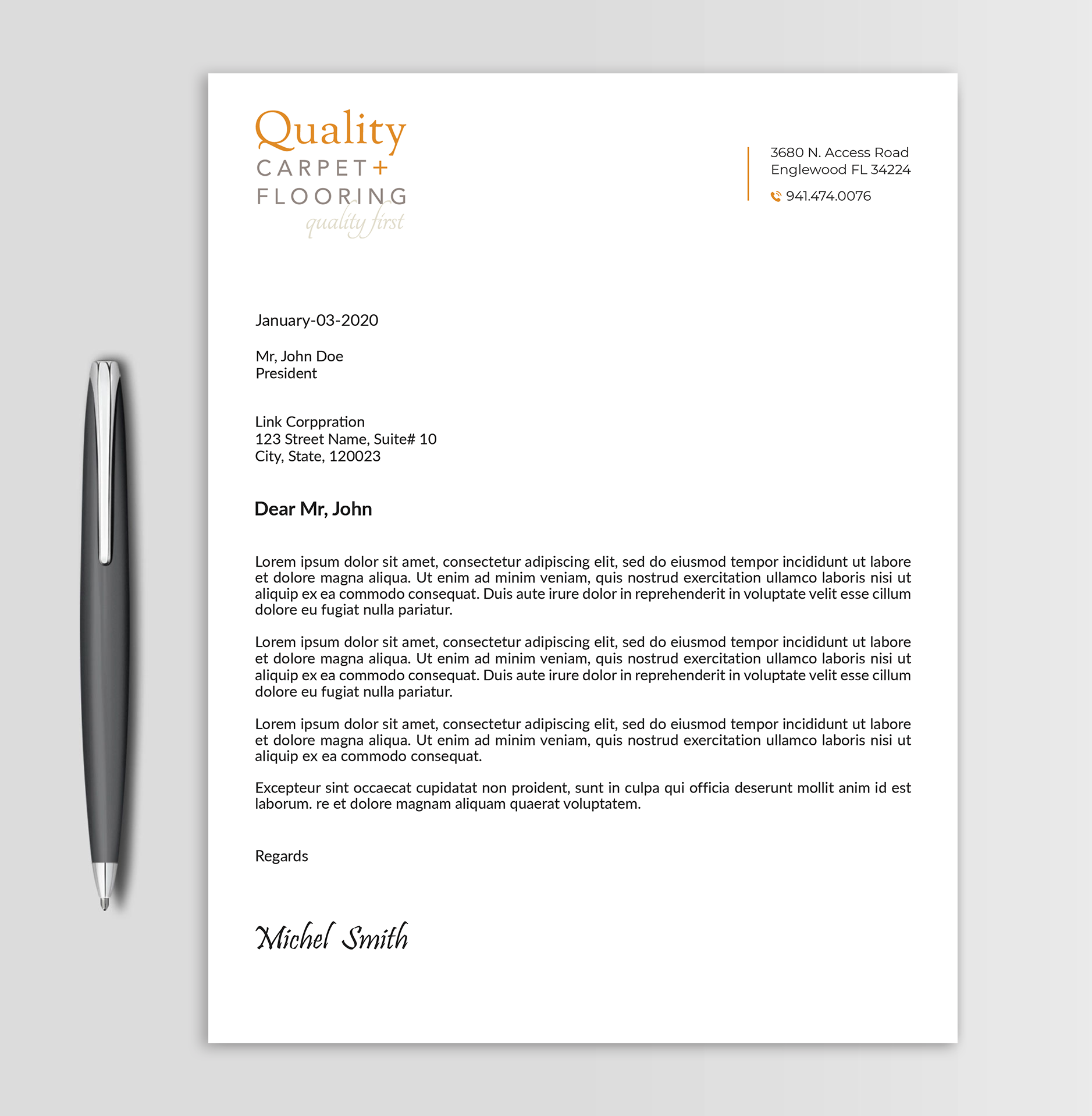 Letterhead Design by Expert Bappy for Quality Carpet + Flooring | Design #34467974