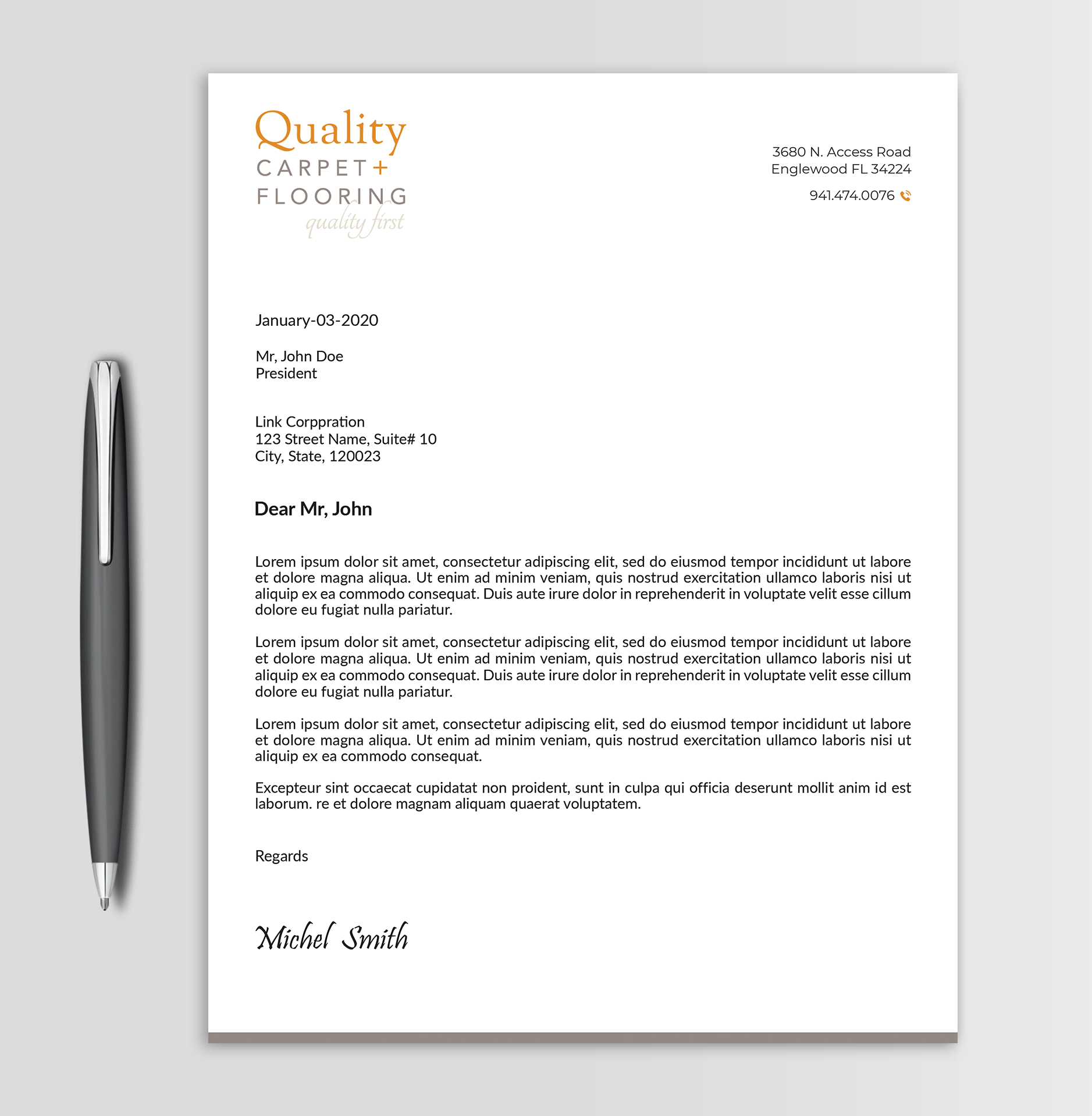 Letterhead Design by Expert Bappy for Quality Carpet + Flooring | Design #34470669