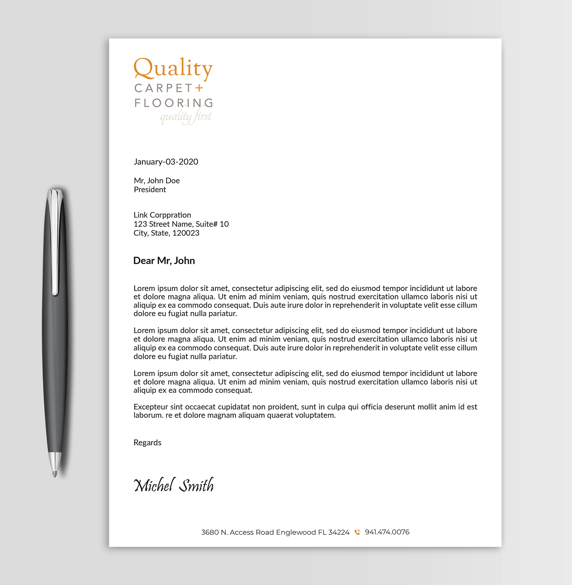 Letterhead Design by Expert Bappy for Quality Carpet + Flooring | Design #34470715