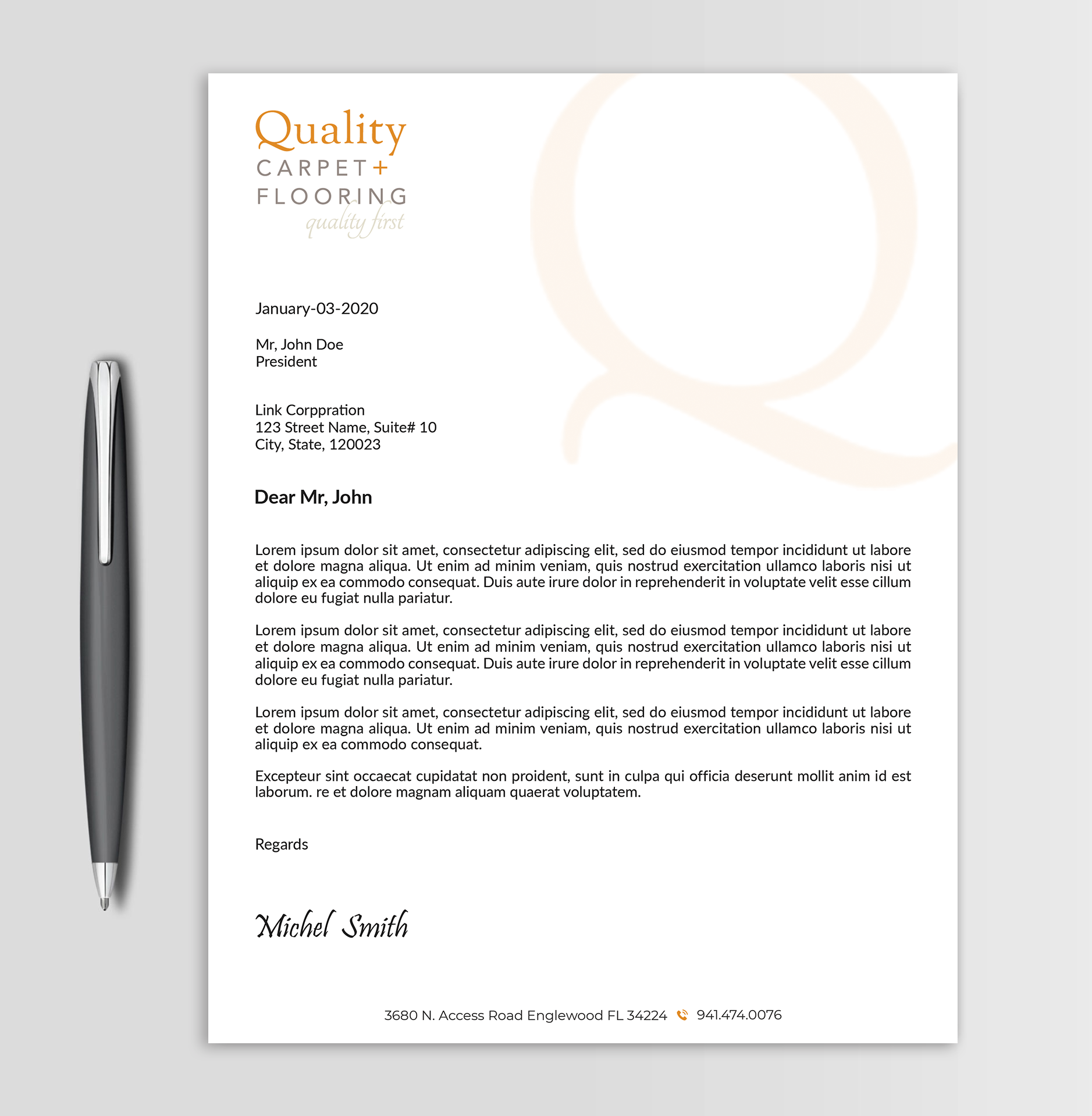 Letterhead Design by Expert Bappy for Quality Carpet + Flooring | Design #34470717