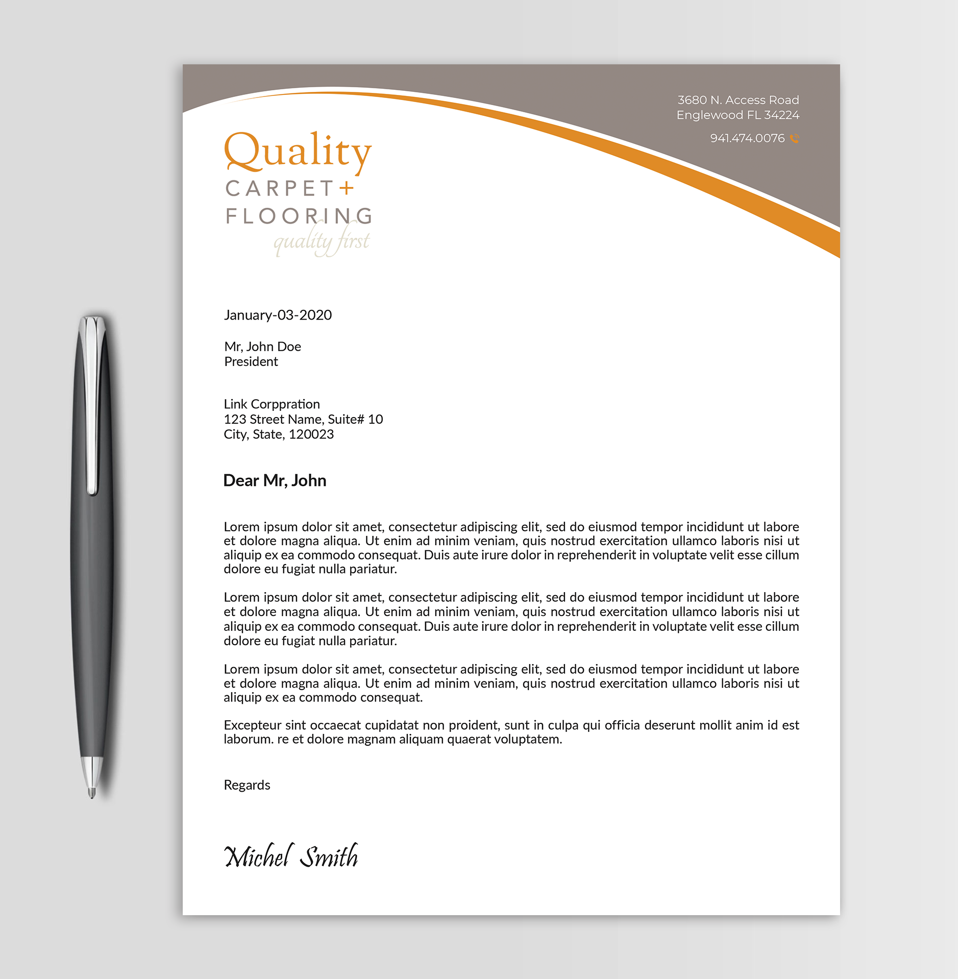 Letterhead Design by Expert Bappy for Quality Carpet + Flooring | Design #34473950