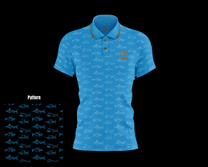 Light blue gold polo with 4 fish. Mahi Mahi, sailfish, marlin, and yellowfin tuna