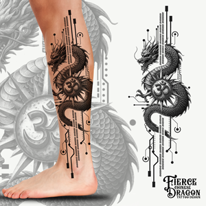 Modern/Minimalist Calf Tattoo – Fierce Chinese Dragon, Binary Family Code, Ohm Symbol &amp; Optimism