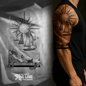 Tattoo 1/2 sleeve: Fine line, black and grey, abstract, and/or geometric.