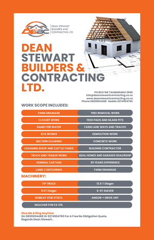 Flyer Design by 3Guys for DEAN STEWART BUILDERS AND CONTRACTING.CO.NZ | Design: #36188994