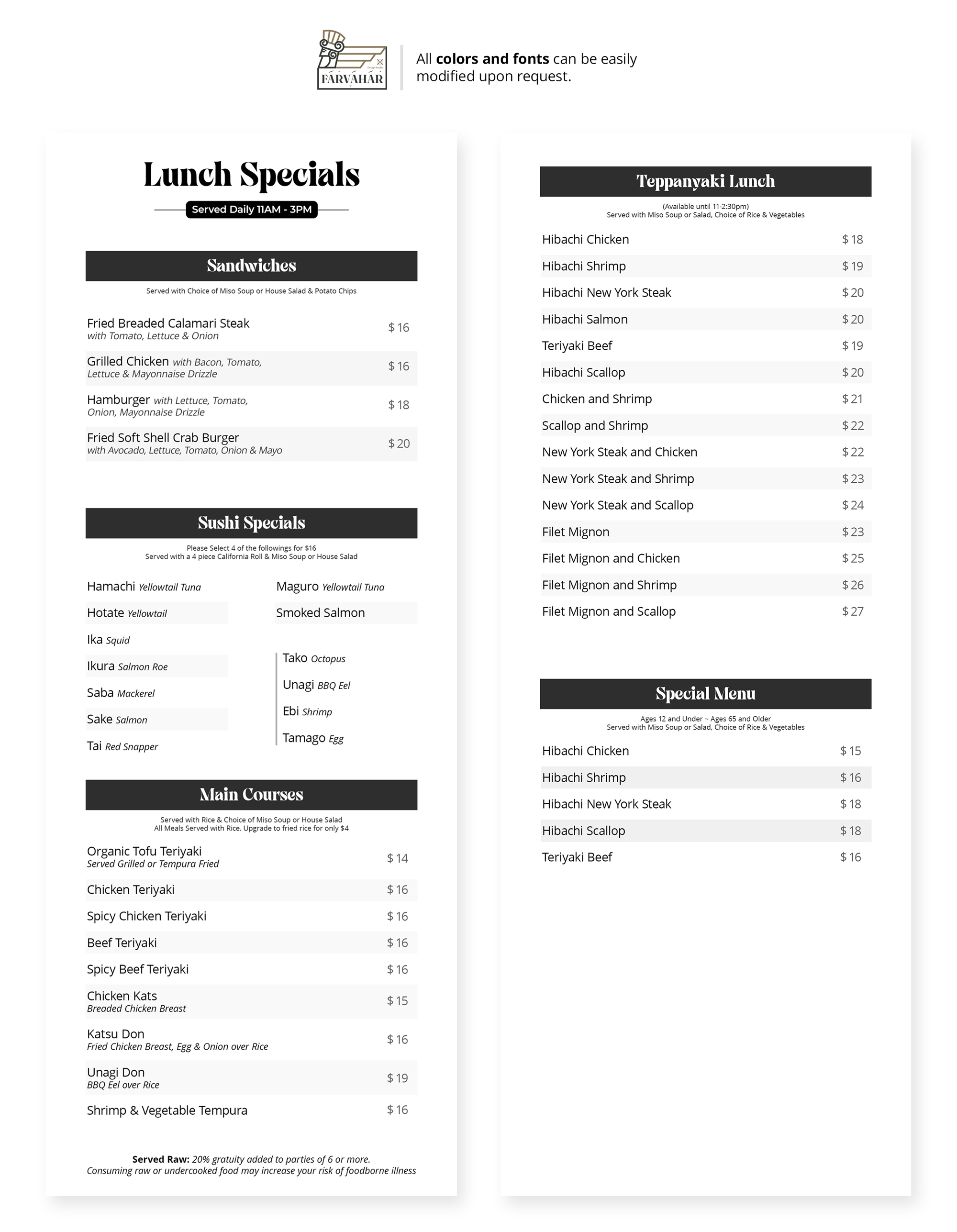 Menu Design by Farvahar Design Studio for this project | Design #37093987