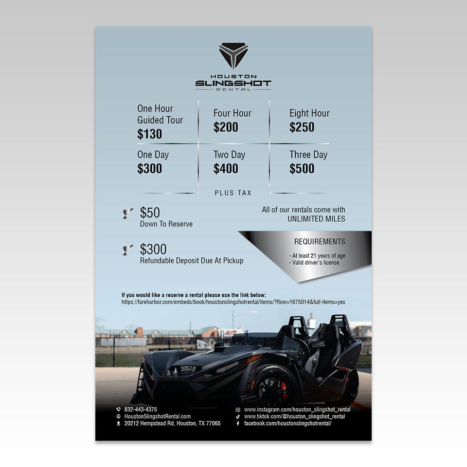 Flyer Design by YourLogoMaster for Houston Slingshot Rental | Design #37578112