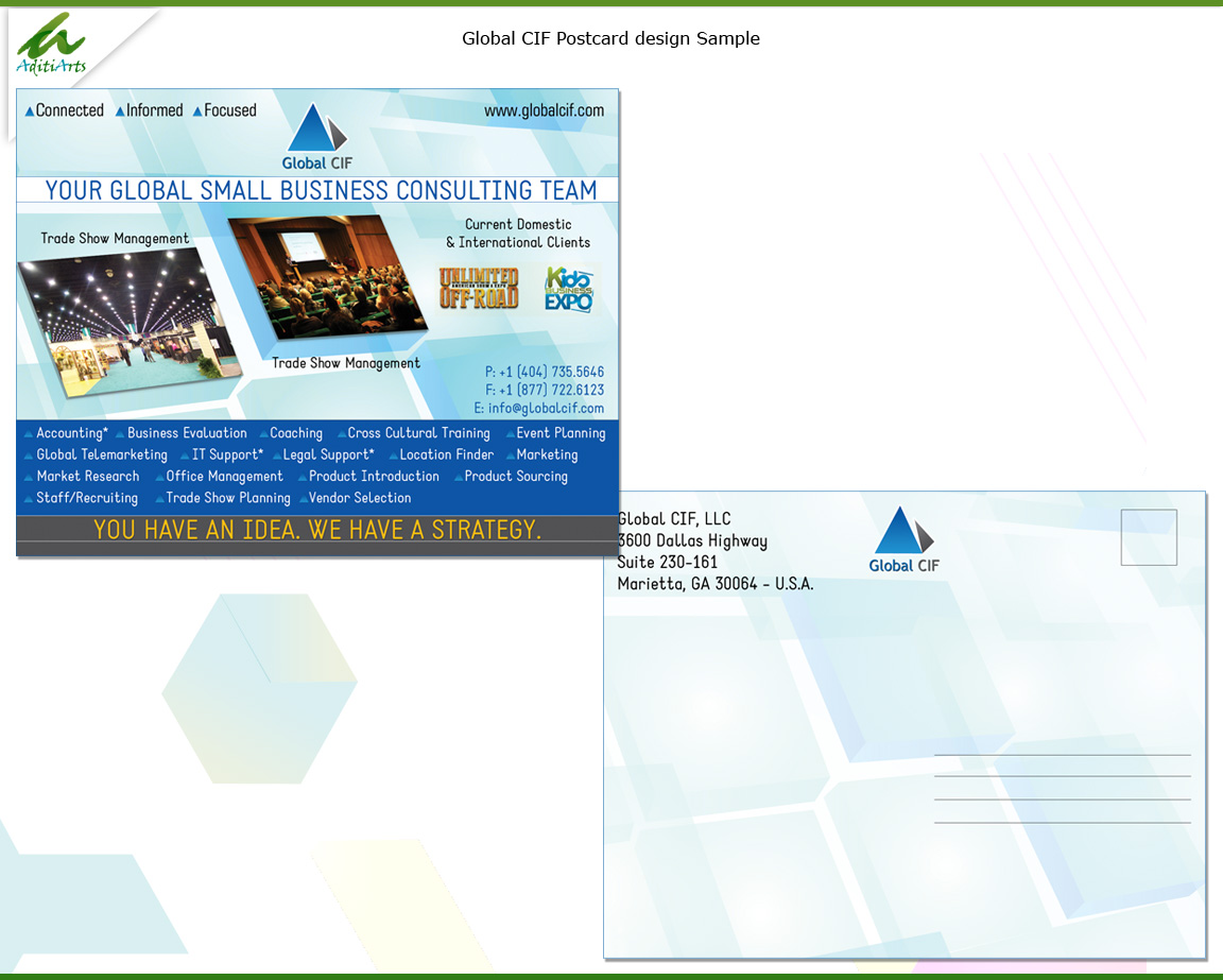 Postcard Design by AditiArts for Global CIF, LLC | Design #3182708