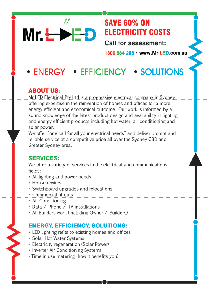 Diseño de Flyer por The Freelance Designer para Mr L.E.D Electrical Pty Ltd | Diseño #3259137