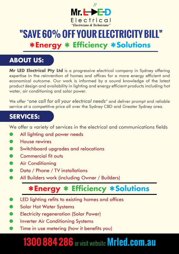 Diseño de Flyer por HAMDIYA para Mr L.E.D Electrical Pty Ltd | Diseño #3244172