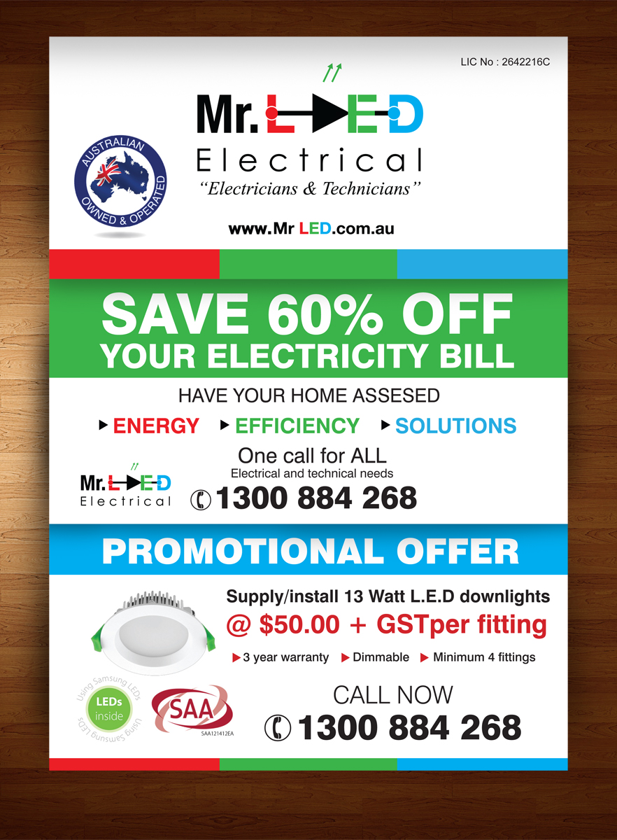 Flyer Design by rkailas for Mr L.E.D Electrical Pty Ltd | Design #3276653