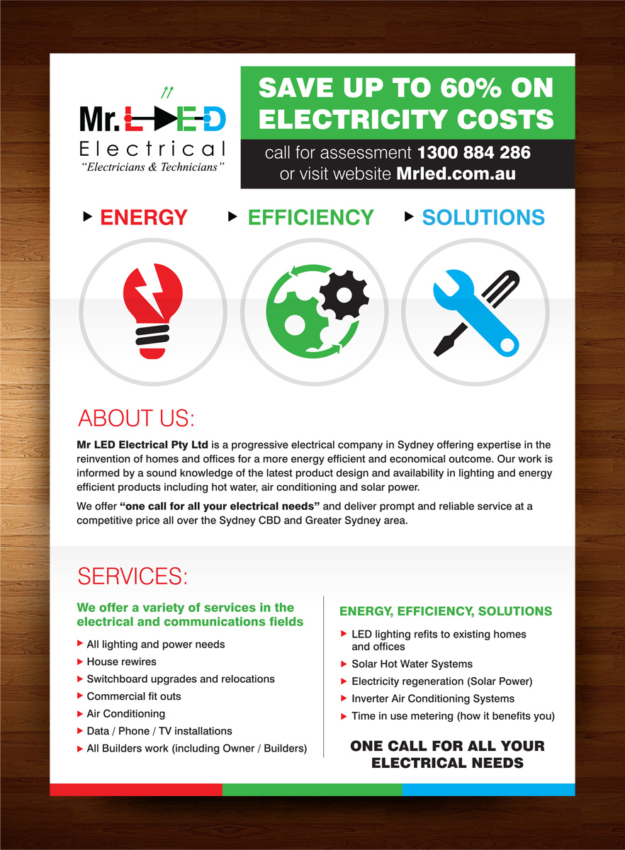 Diseño de Flyer por rkailas para Mr L.E.D Electrical Pty Ltd | Diseño #3280296