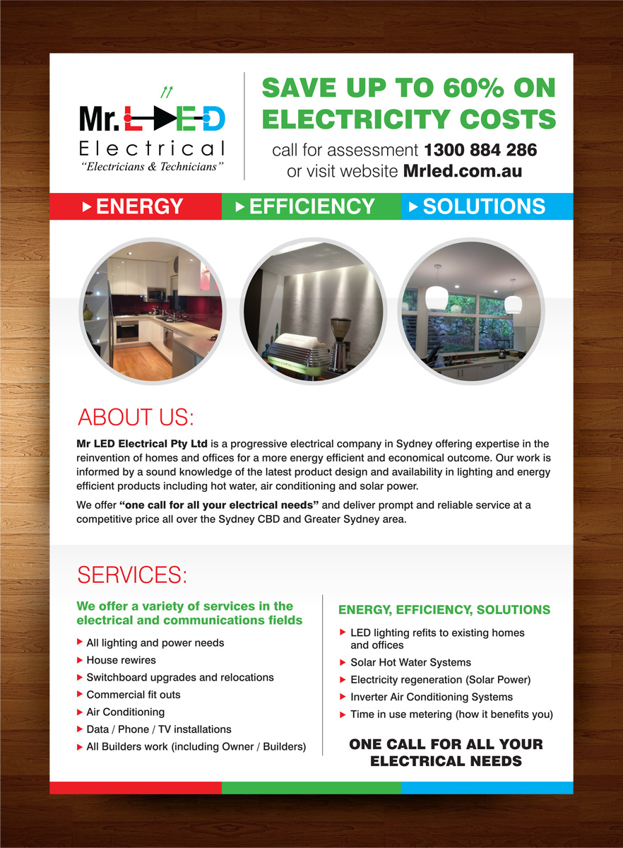 Diseño de Flyer por rkailas para Mr L.E.D Electrical Pty Ltd | Diseño #3280297