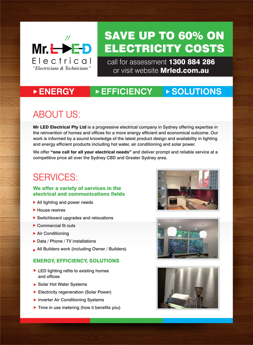 Diseño de Flyer por rkailas para Mr L.E.D Electrical Pty Ltd | Diseño #3280298