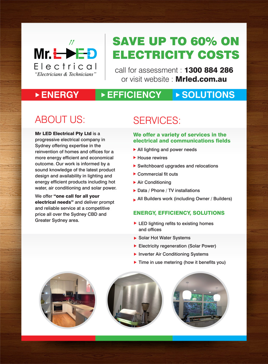 Diseño de Flyer por rkailas para Mr L.E.D Electrical Pty Ltd | Diseño #3280300