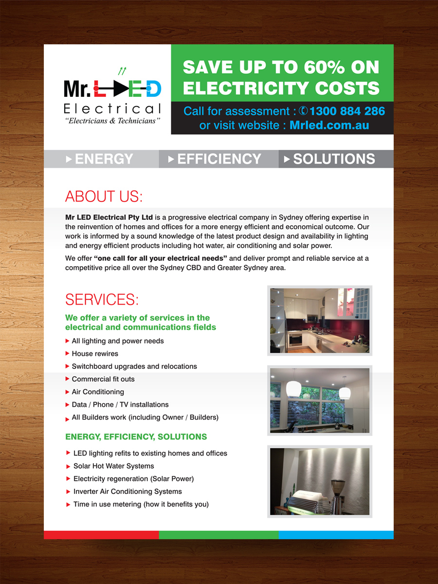 Diseño de Flyer por rkailas para Mr L.E.D Electrical Pty Ltd | Diseño #3297191