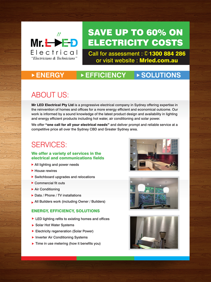 Diseño de Flyer por rkailas para Mr L.E.D Electrical Pty Ltd | Diseño #3297197