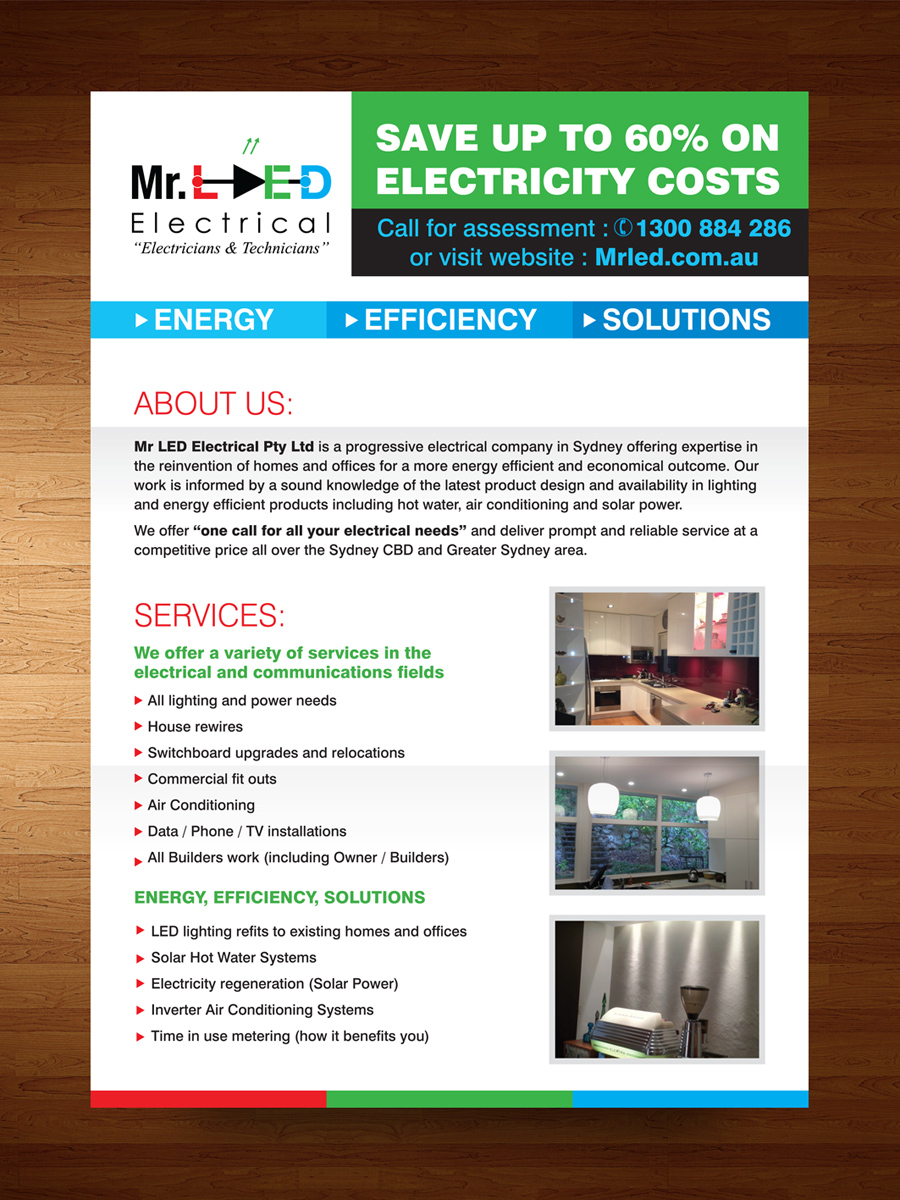 Diseño de Flyer por rkailas para Mr L.E.D Electrical Pty Ltd | Diseño #3297199