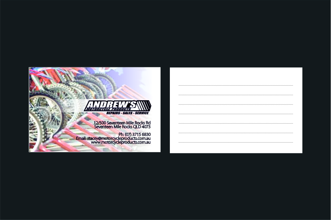 Business Card Design by inspirodesign for Andrew's Motorcycle Products | Design #3251276