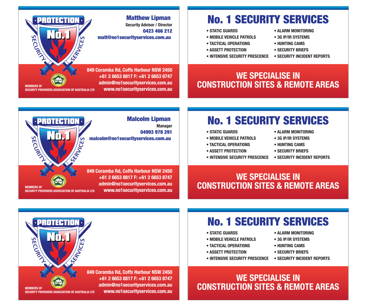 Visitenkarten-Design von Ann Smiley für No. 1 Security Services Pty Ltd | Design #3317650