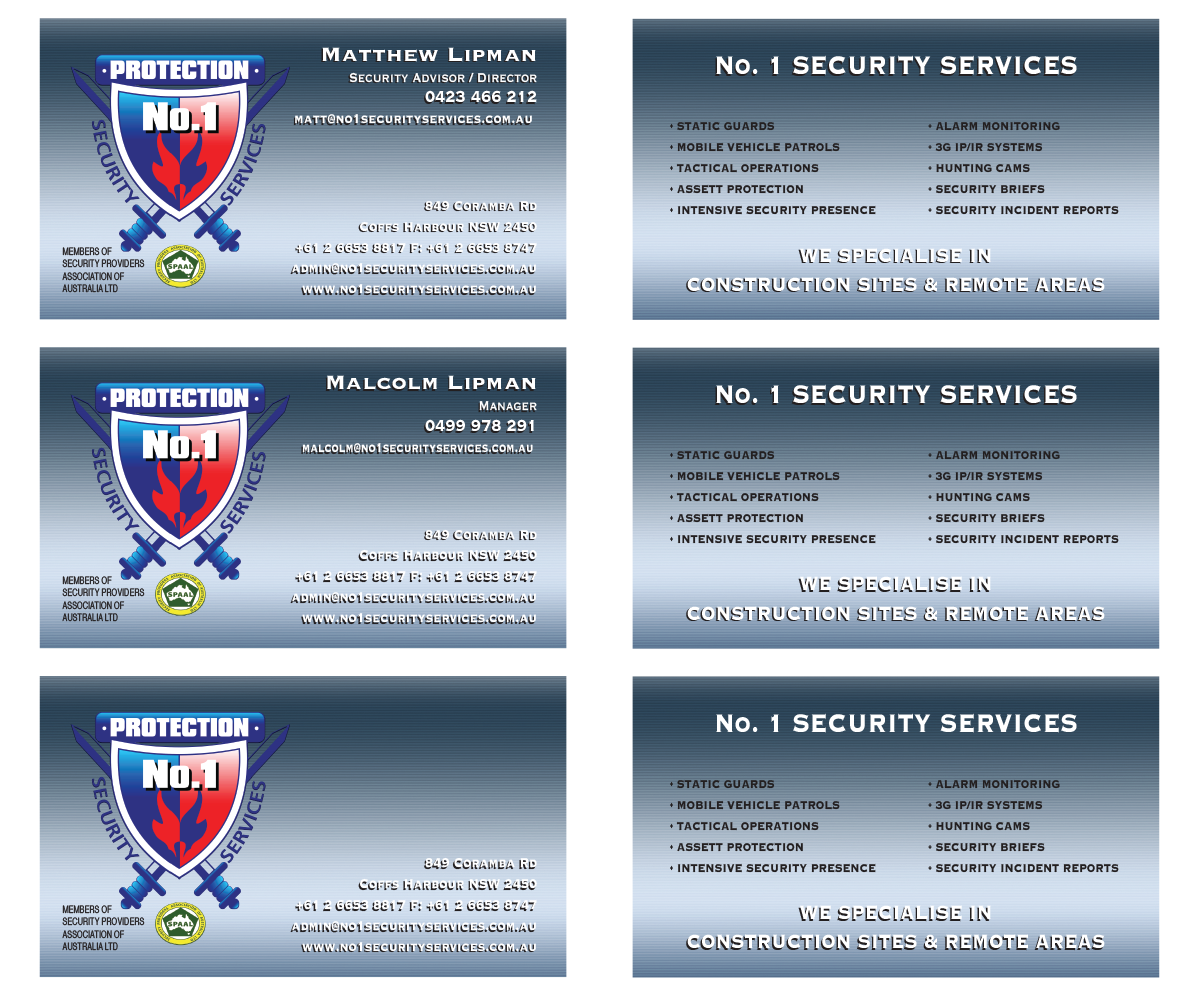 Visitenkarten-Design von Ann Smiley für No. 1 Security Services Pty Ltd | Design #3322099