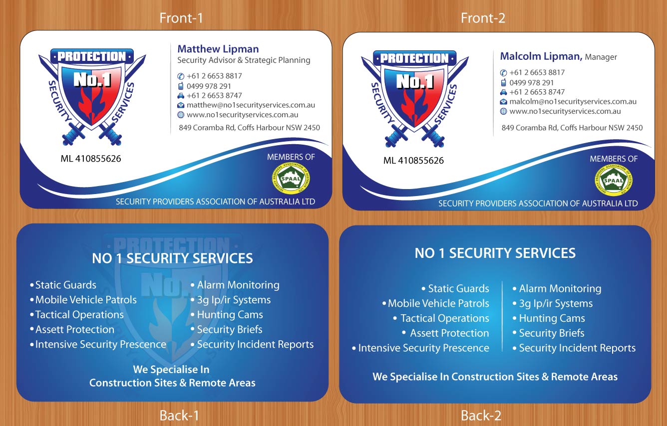 Visitenkarten-Design von Sbss für No. 1 Security Services Pty Ltd | Design #3312956