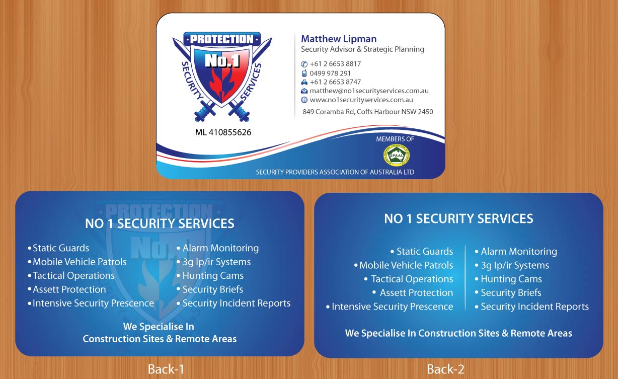 Visitenkarten-Design von Sbss für No. 1 Security Services Pty Ltd | Design #3312962
