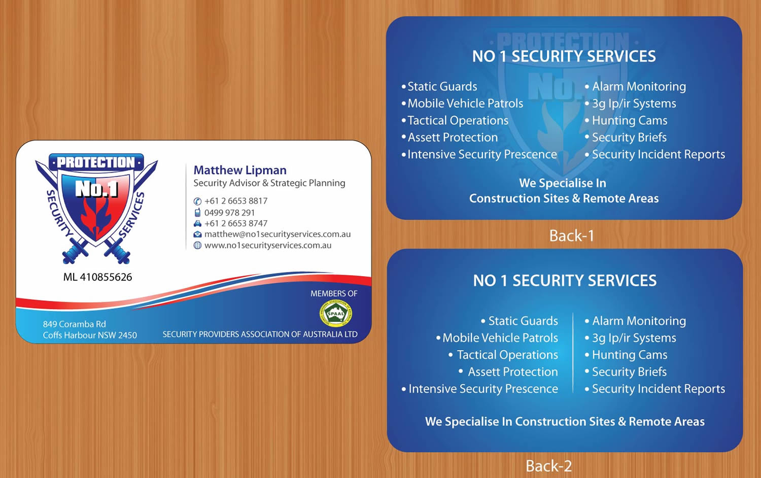 Business Card Design by Sbss for No. 1 Security Services Pty Ltd | Design #3312988