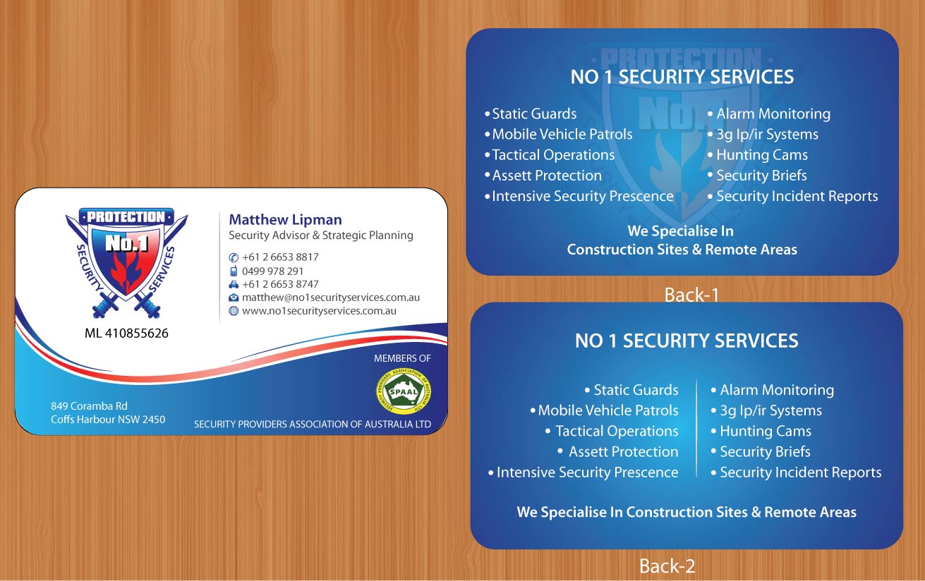 Visitenkarten-Design von Sbss für No. 1 Security Services Pty Ltd | Design #3313004