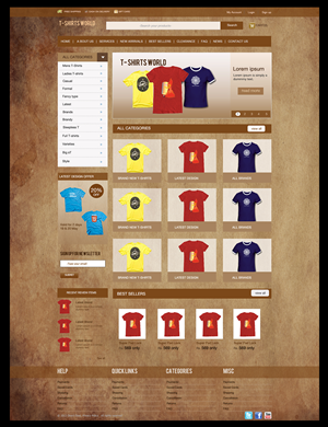 Rustic book theme for a website that sells T-shirts | Web Design by Omee