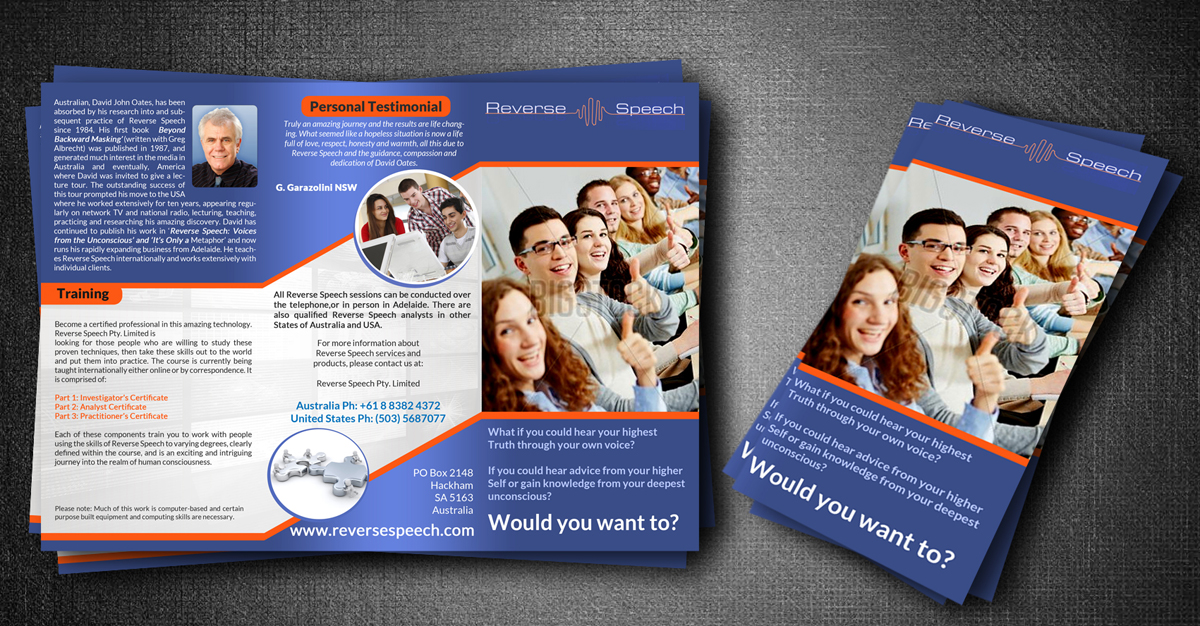 Diseño de Brochure por ESolz Technologies para Reverse Speech Pty. Ltd. | Diseño #3389593