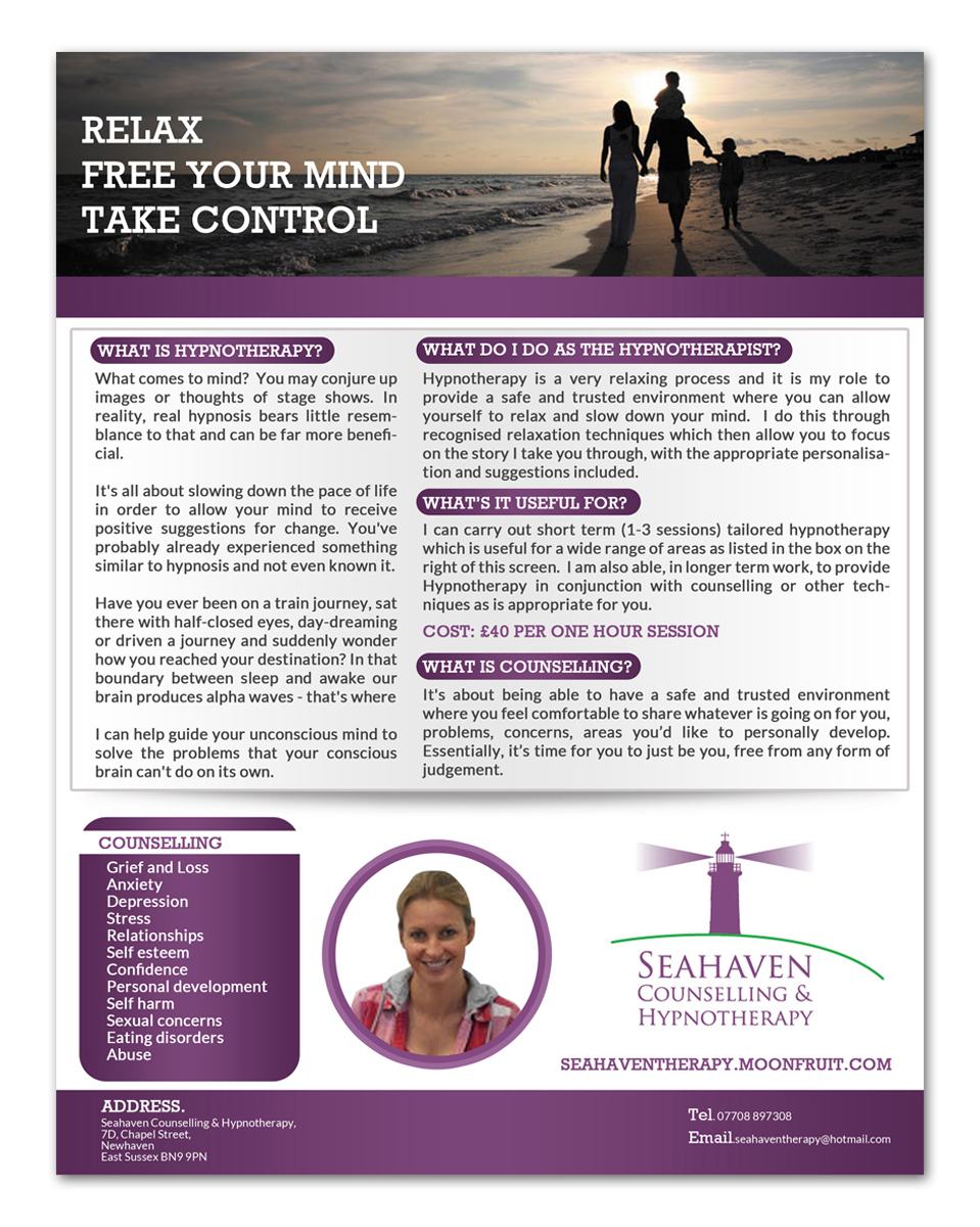 Design de Flyer par ESolz Technologies pour Seahaven Counselling & Hypnotherapy | Design #3389234