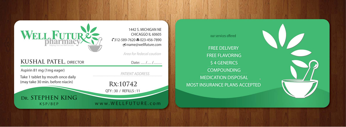 elegant playful pharmacy business card design for a company by pharmacy design company