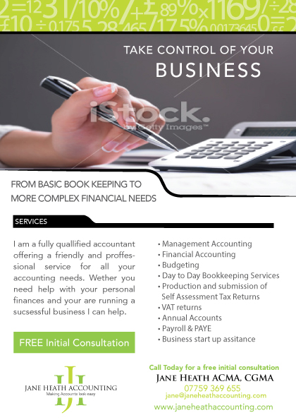 Flyer Design by Lou Sharp for Jane Heath Accounting Solutions Ltd | Design #3479957