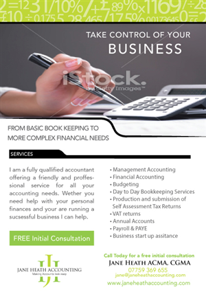 Diseño de Flyer por Lou Sharp para Jane Heath Accounting Solutions Ltd | Diseño #3479957