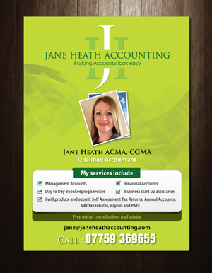Diseño de Flyer por meet007 para Jane Heath Accounting Solutions Ltd | Diseño: #3450240