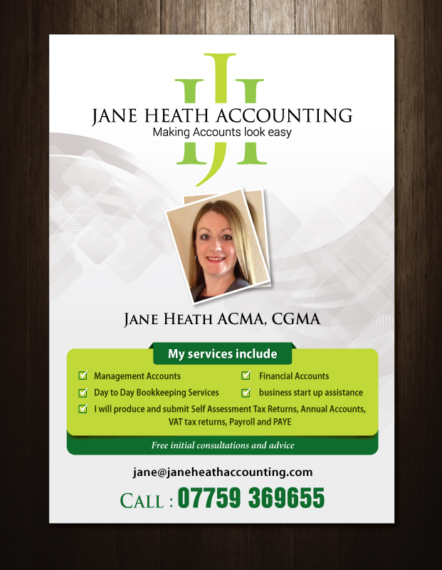 Flyer Design by meet007 for Jane Heath Accounting Solutions Ltd | Design #3464604