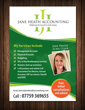 Diseño de Flyer por meet007 para Jane Heath Accounting Solutions Ltd | Diseño #3481388