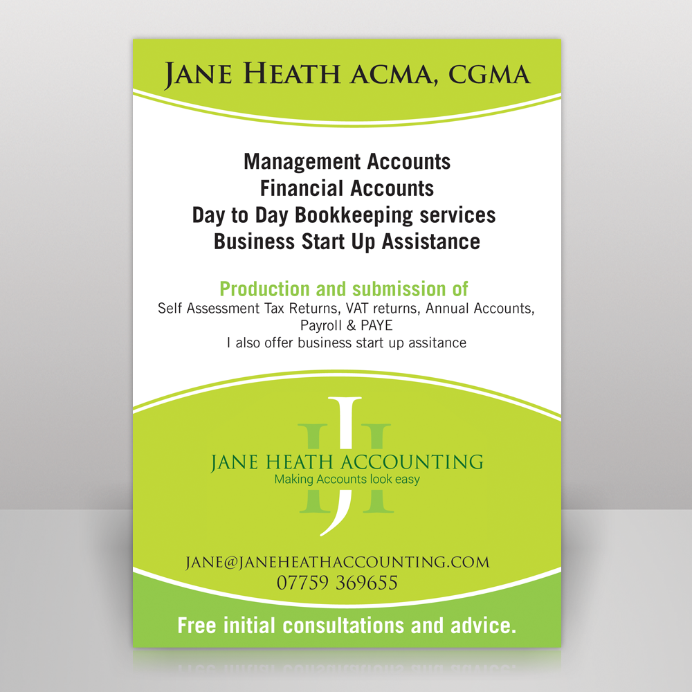 Diseño de Flyer por Mon01 para Jane Heath Accounting Solutions Ltd | Diseño #3455104