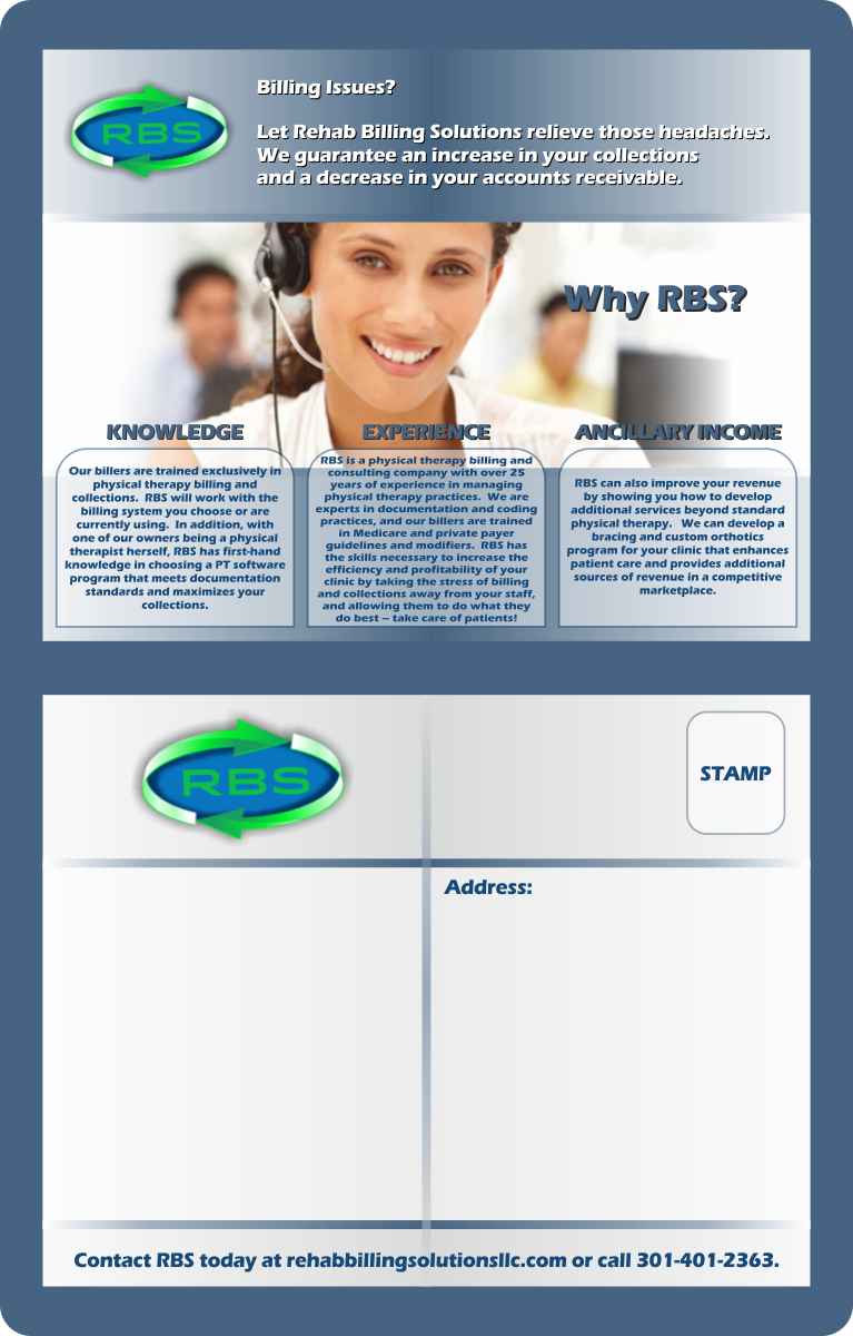Postcard Design by kincs for Rehab Billing Solutions | Design #3460321